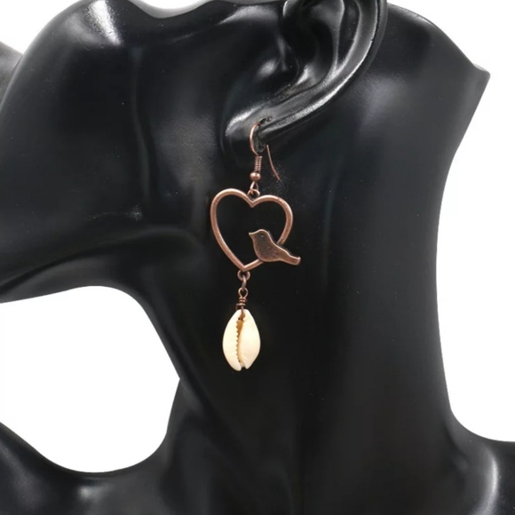 Bronze Bird Heart Cowrie Shell Drop Earrings - Picture 4 of 8